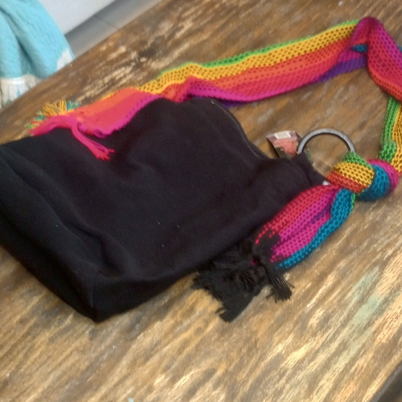 Bareke crochet rainbow scarf strap black tote bag - Picture 3 of 6